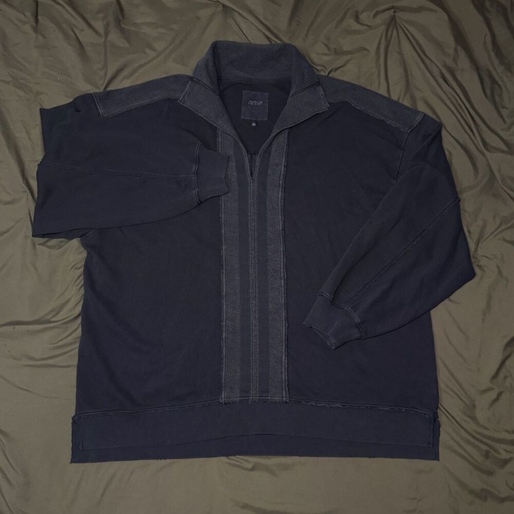 Aerie Women's Quarter Zip Pullover Size XL Navy Raw Edge Distressed Sweatshirt